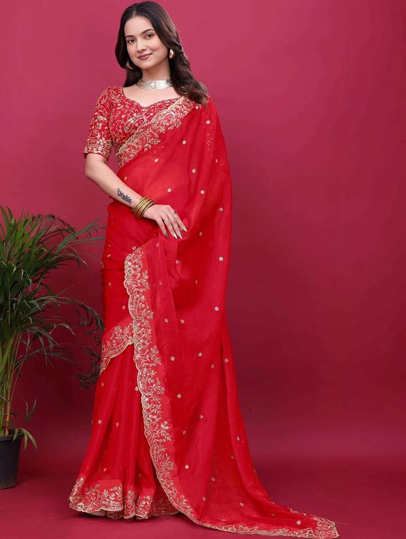 women solid with work embellished saree with blouse - 22457356 -  Standard Image - 2