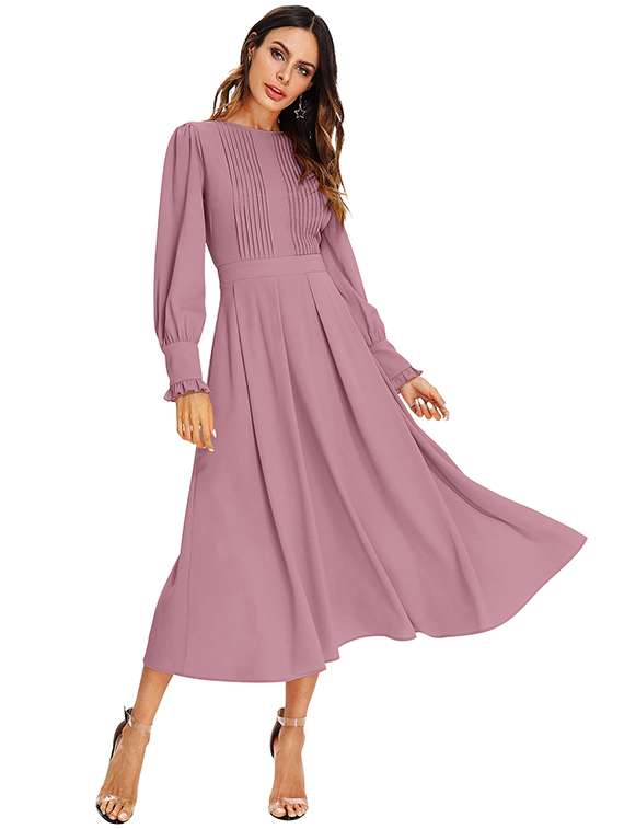 women solid long sleeve fit & flare dress