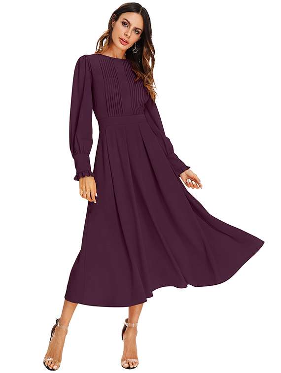 women solid long sleeve fit & flare dress