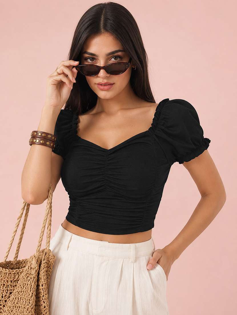 women solid puff sleeve crop top