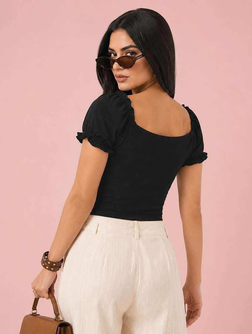 women solid puff sleeve crop top - 22457369 -  Standard Image - 2