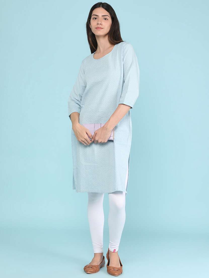 women embroidered three quarter sleeves straight kurta