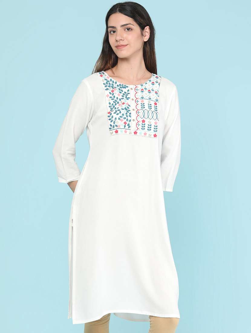 women embroidered three quarter sleeves straight kurta - 22457826 -  Standard Image - 2