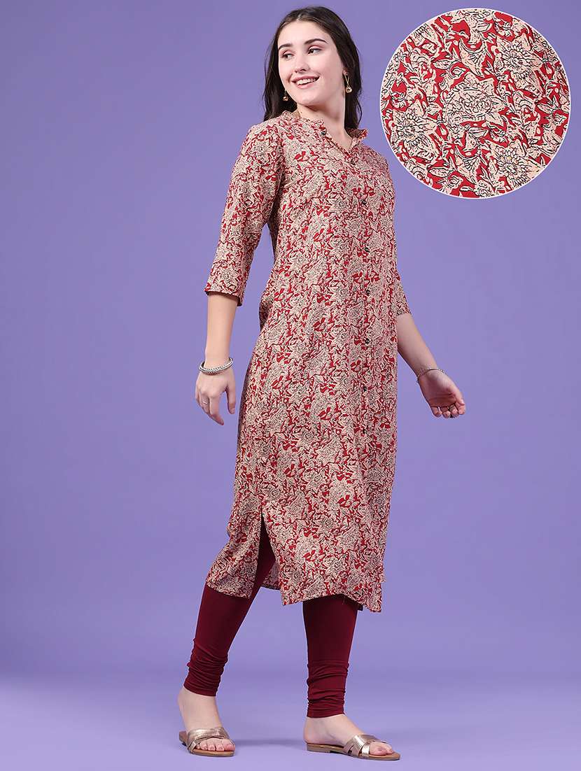 Women Printed Three Quarter Sleeves Straight Kurta - 22458308 -  Standard Image - 2