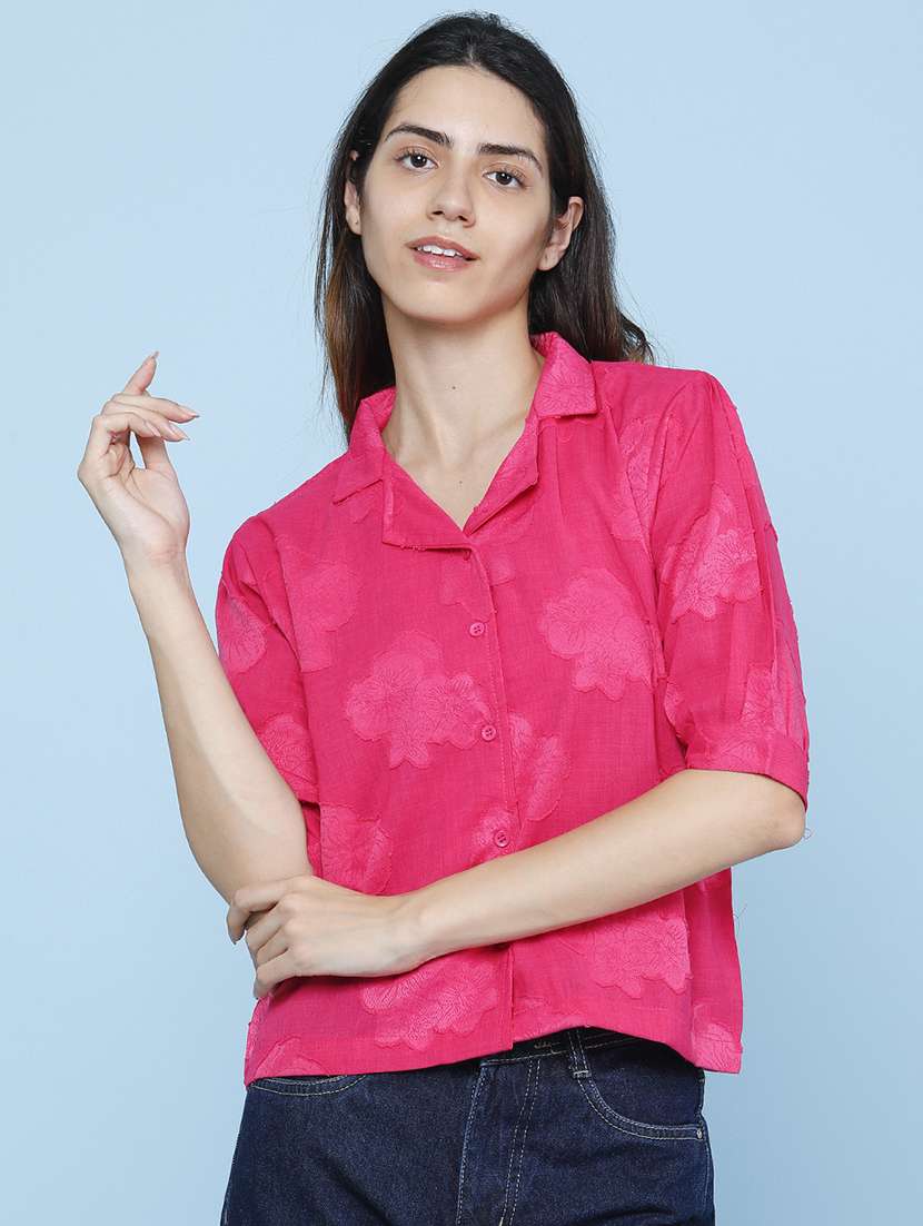 Women Self Design Short Sleeves Shirt Style Top - 22458462 -  Standard Image - 2