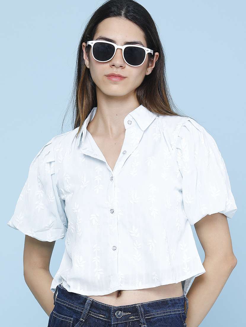 women embroidered puff sleeves shirt style top