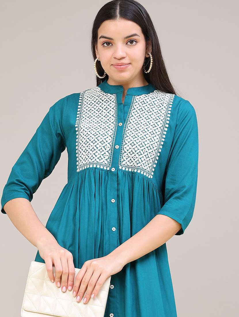 women solid with work three quarter sleeve flared kurta
