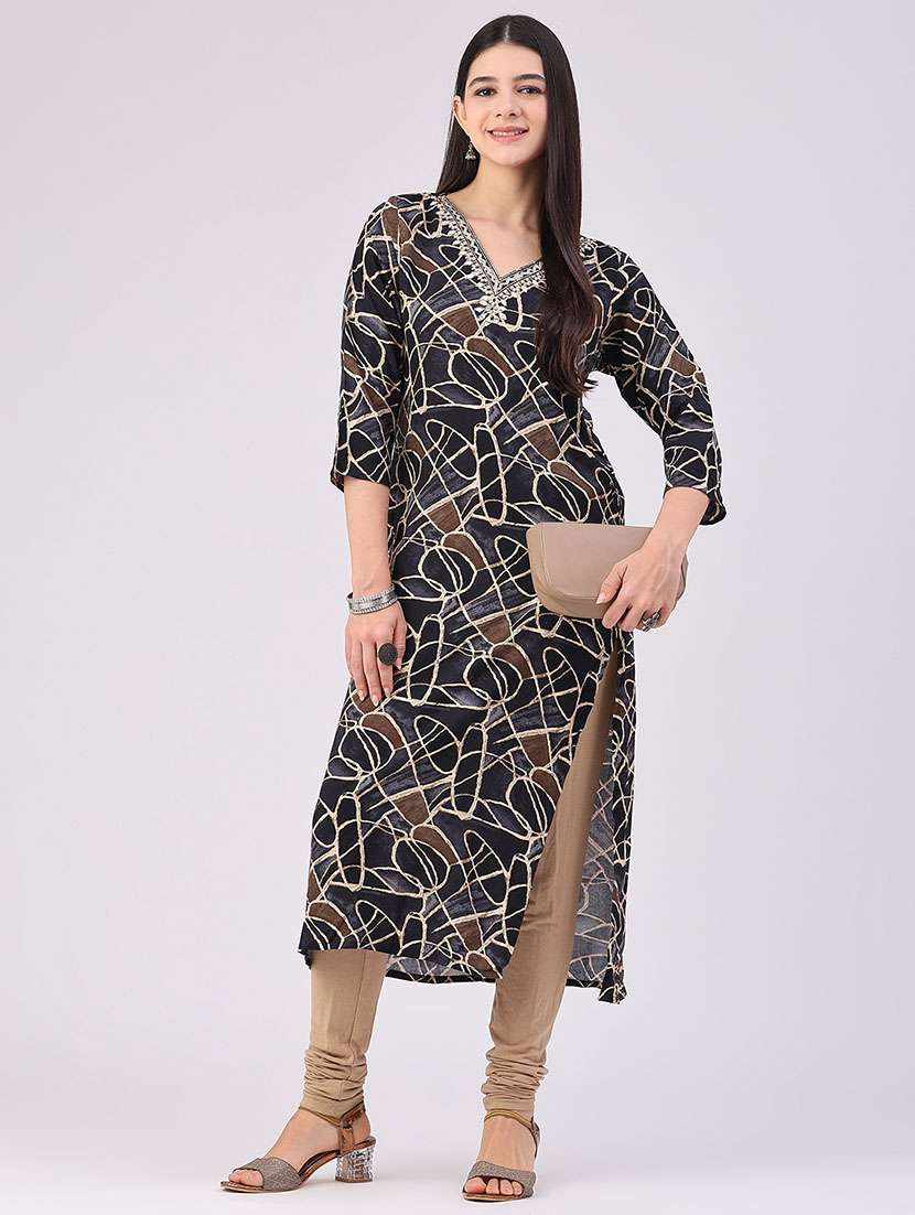 women printed three quarter sleeve straight kurta
