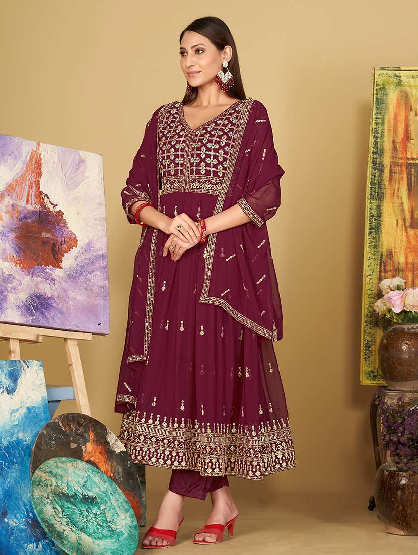 Women Solid With Work Unstitched Suit - 22459981 -  Standard Image - 2