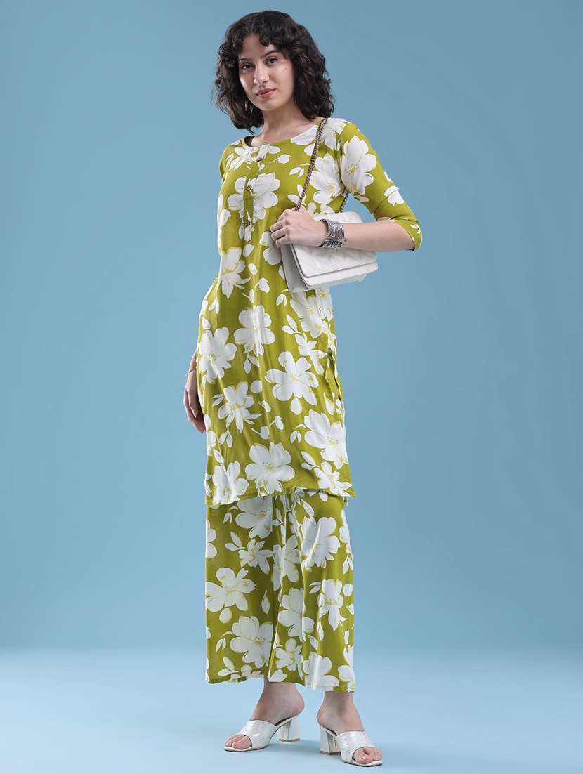 women floral three quarter sleeve ethnic co-ord set