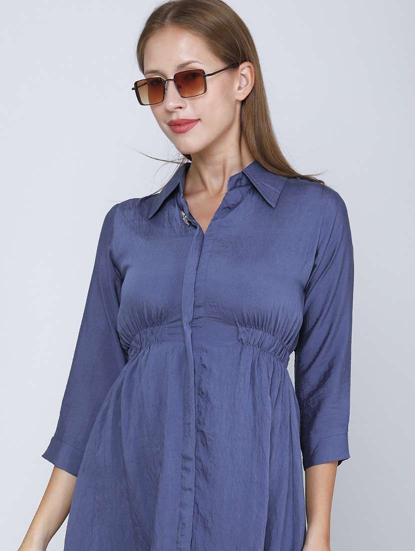 women solid three quarter sleeves fit and flare dress