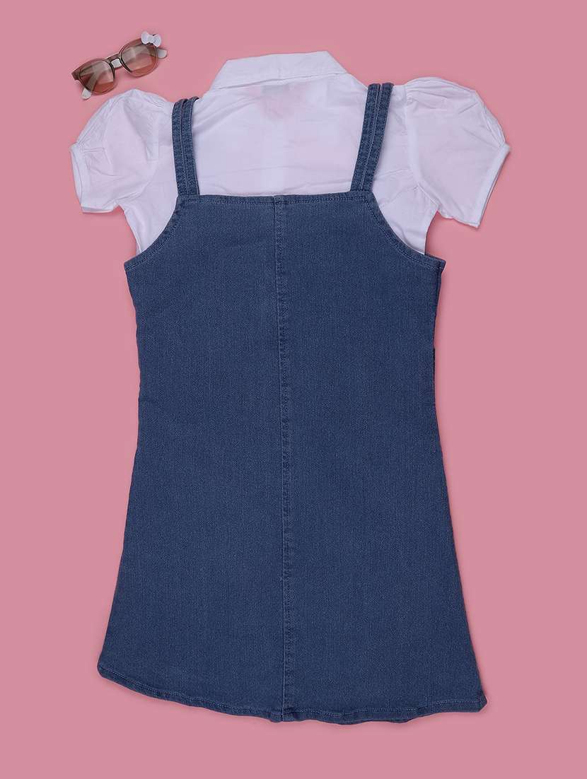 girls solid puff sleeves dungaree dress - 22460486 -  Standard Image - 2