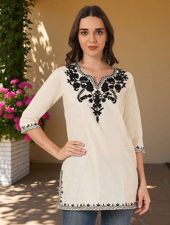 women embroidered three quarter sleeve straight kurti