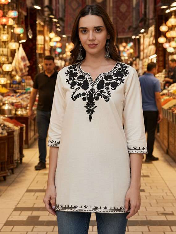 women embroidered three quarter sleeve straight kurti - 22460504 -  Standard Image - 2