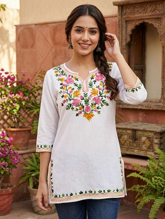 women embroidered three quarter sleeve straight kurti - 22460506 -  Standard Image - 2