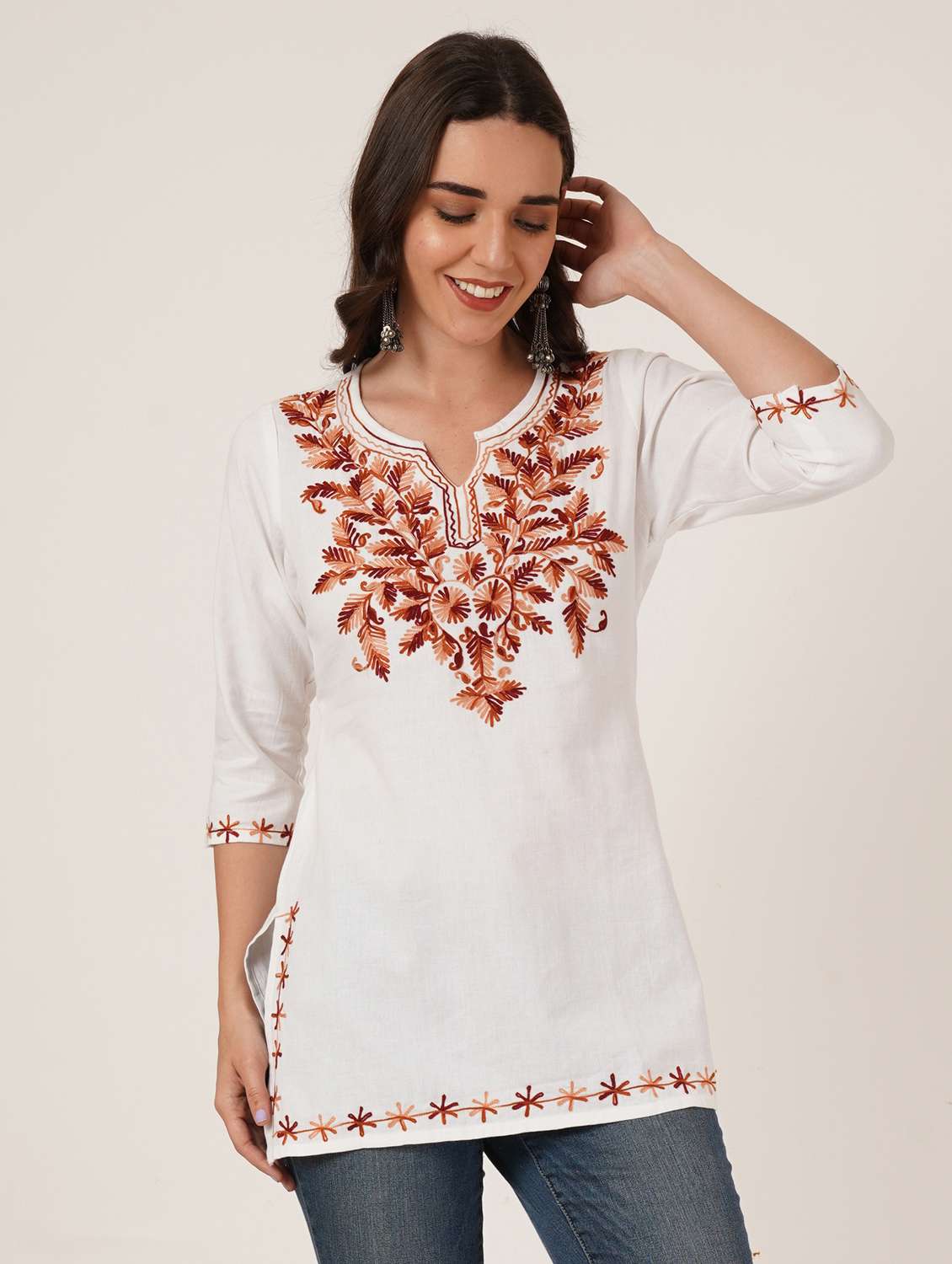 women embroidered three quarter sleeve straight kurti - 22460507 -  Standard Image - 2