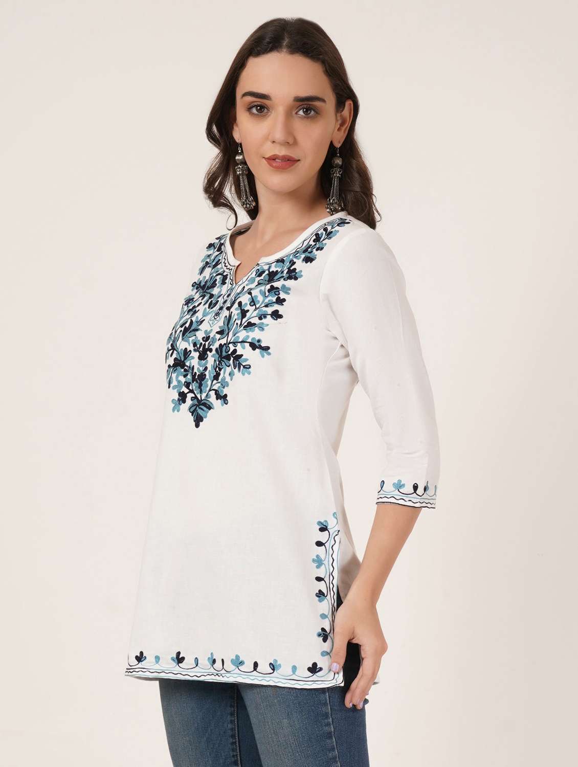 women embroidered three quarter sleeve straight kurti - 22460508 -  Standard Image - 2