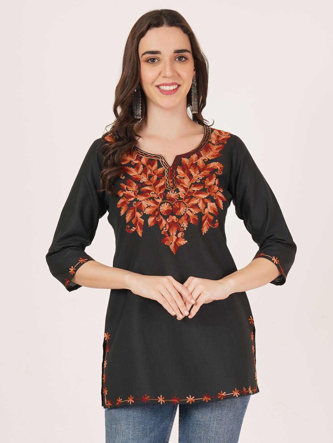 women embroidered three quarter sleeve straight kurti - 22460509 -  Standard Image - 2