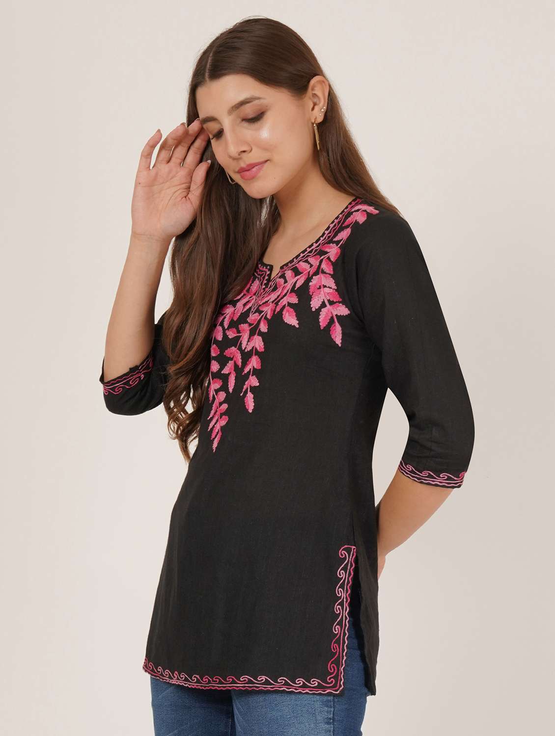 women embroidered three quarter sleeve straight kurti - 22460510 -  Standard Image - 2