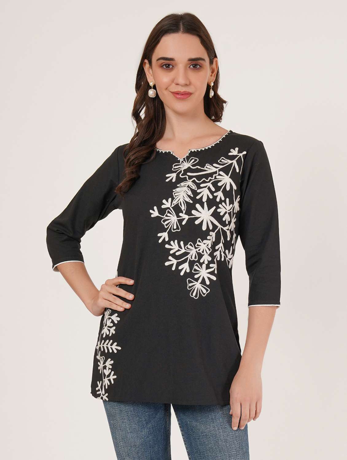 women embroidered three quarter sleeve straight kurti - 22460511 -  Standard Image - 2