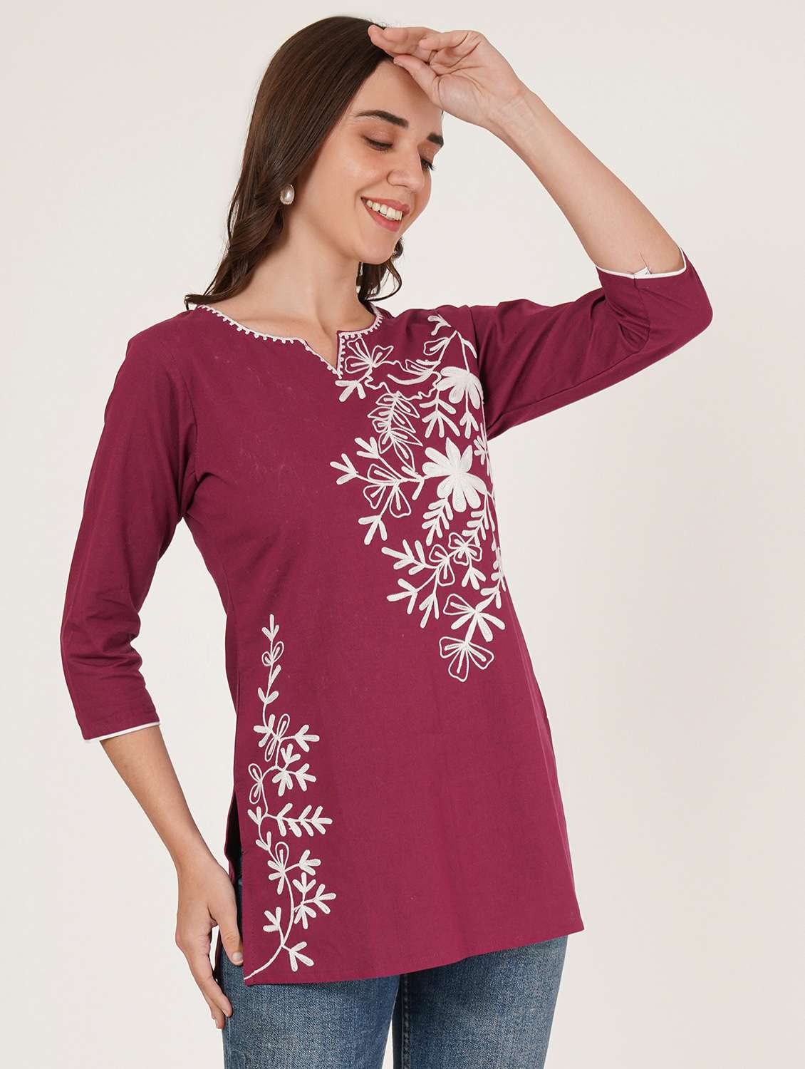 women embroidered three quarter sleeve straight kurti - 22460512 -  Standard Image - 2