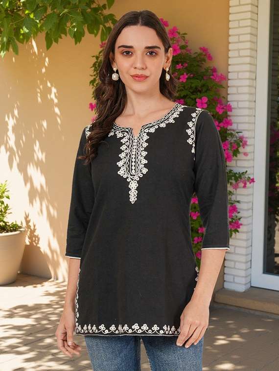 women embroidered three quarter sleeve straight kurti - 22460514 -  Standard Image - 2