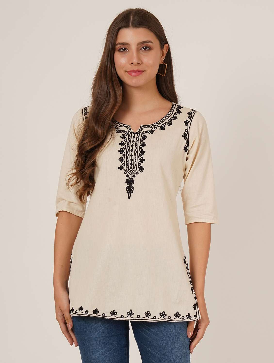 women embroidered three quarter sleeve straight kurti - 22460515 -  Standard Image - 2