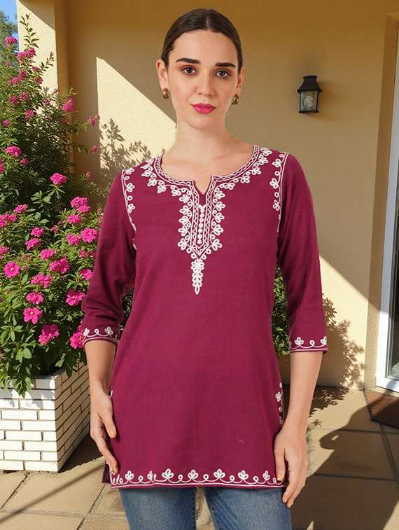 women embroidered three quarter sleeve straight kurti - 22460516 -  Standard Image - 2