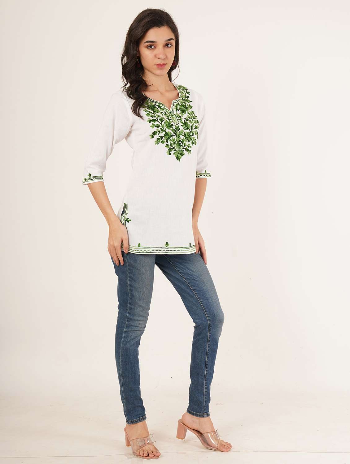 women embroidered three quarter sleeve straight kurti - 22460517 -  Standard Image - 2