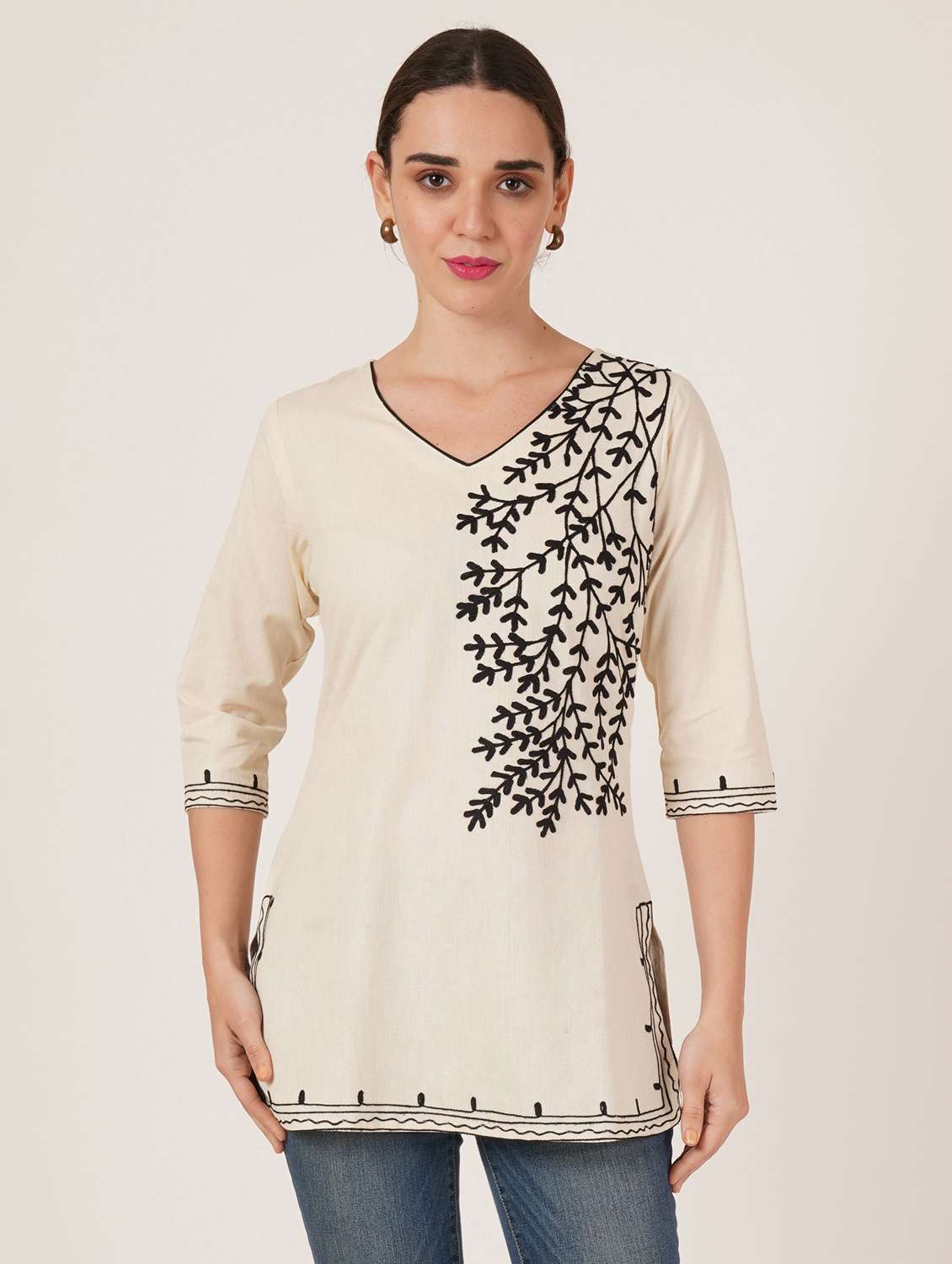 women embroidered three quarter sleeve straight kurti - 22460518 -  Standard Image - 2