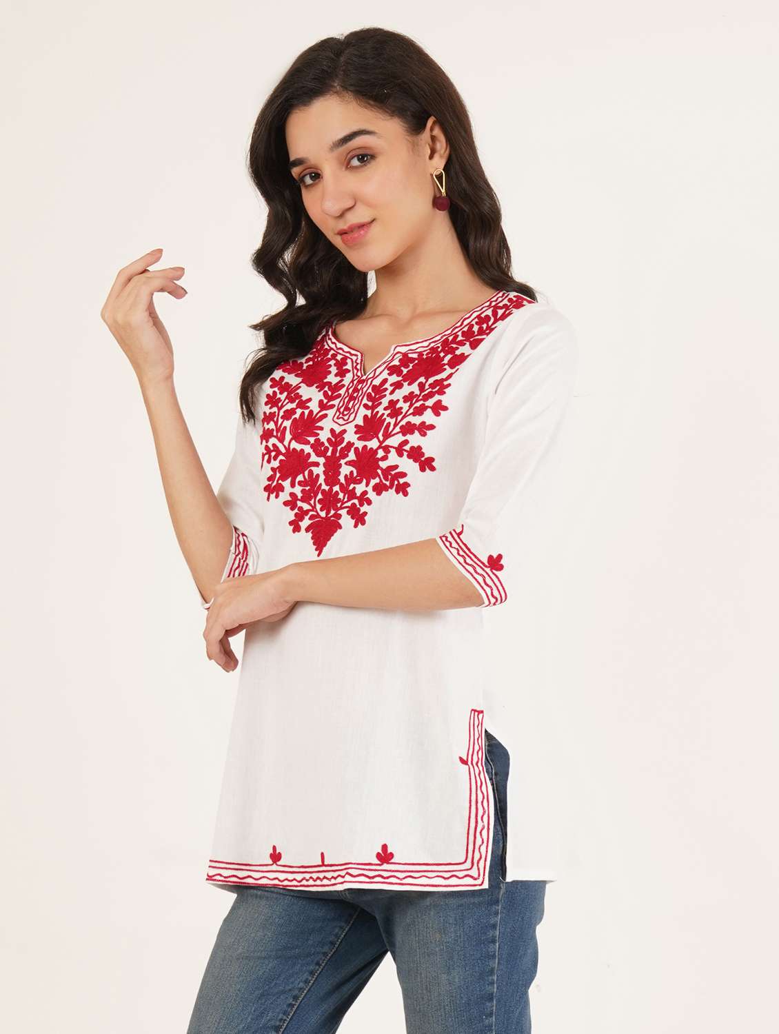 women embroidered three quarter sleeve straight kurti - 22460520 -  Standard Image - 2
