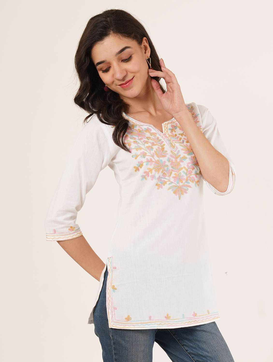 women embroidered three quarter sleeve straight kurti - 22460522 -  Standard Image - 2