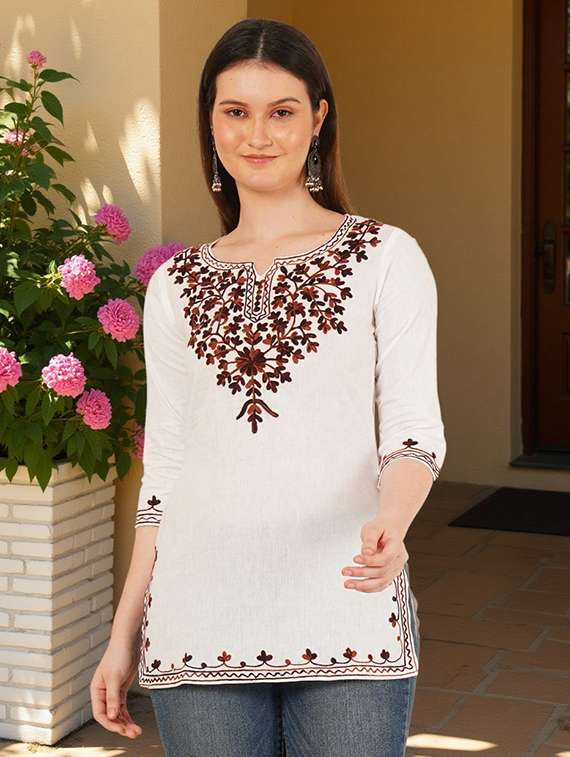 women embroidered three quarter sleeve straight kurti