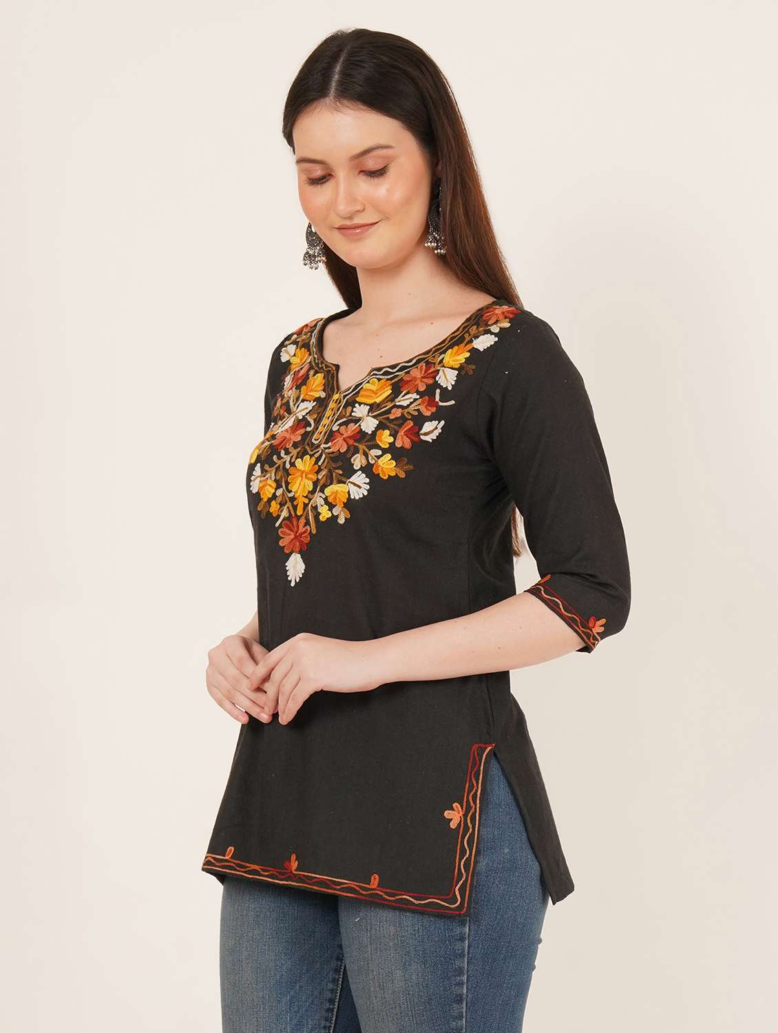 women embroidered three quarter sleeve straight kurti - 22460524 -  Standard Image - 2