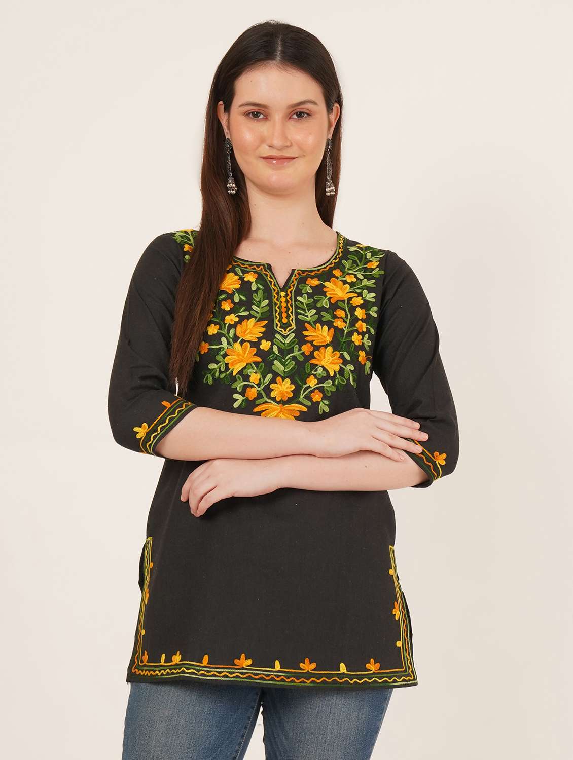 women embroidered three quarter sleeve straight kurti - 22460525 -  Standard Image - 2