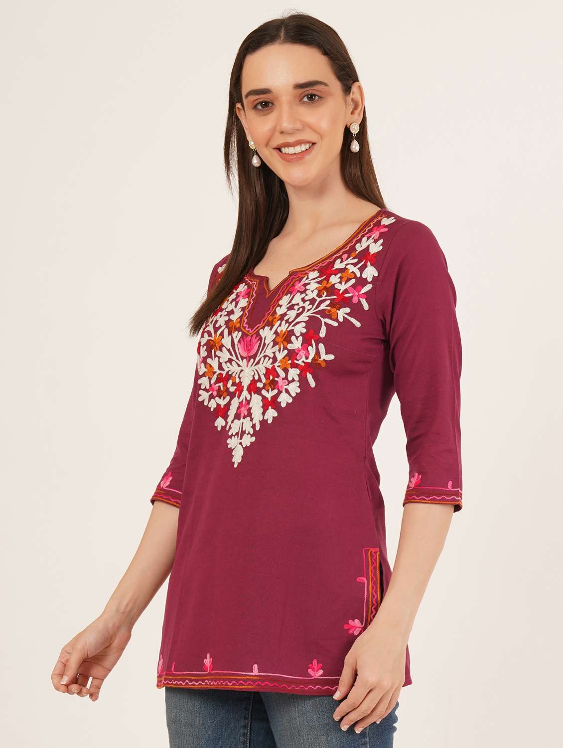 women embroidered three quarter sleeve straight kurti - 22460526 -  Standard Image - 2
