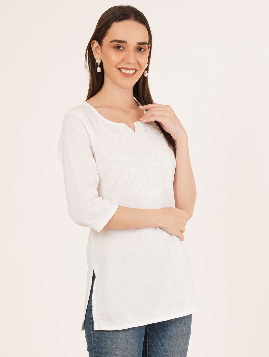 women embroidered three quarter sleeve straight kurti - 22460527 -  Standard Image - 2