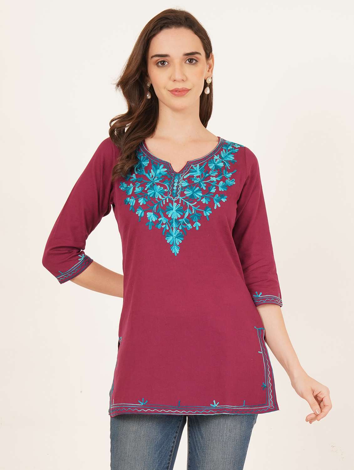 women embroidered three quarter sleeve straight kurti - 22460529 -  Standard Image - 2