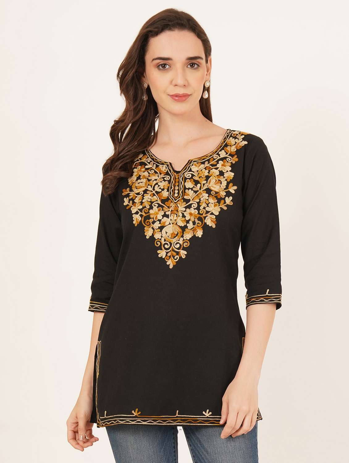 women embroidered three quarter sleeve straight kurti - 22460530 -  Standard Image - 2