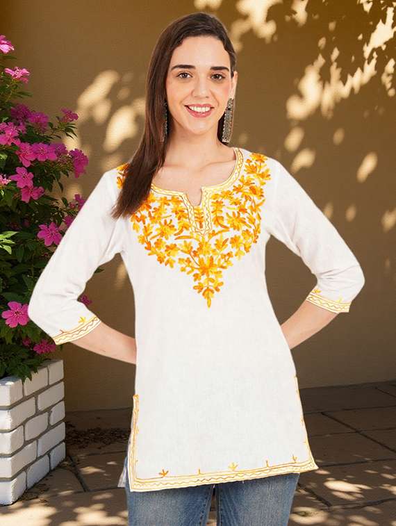 women embroidered three quarter sleeve straight kurti