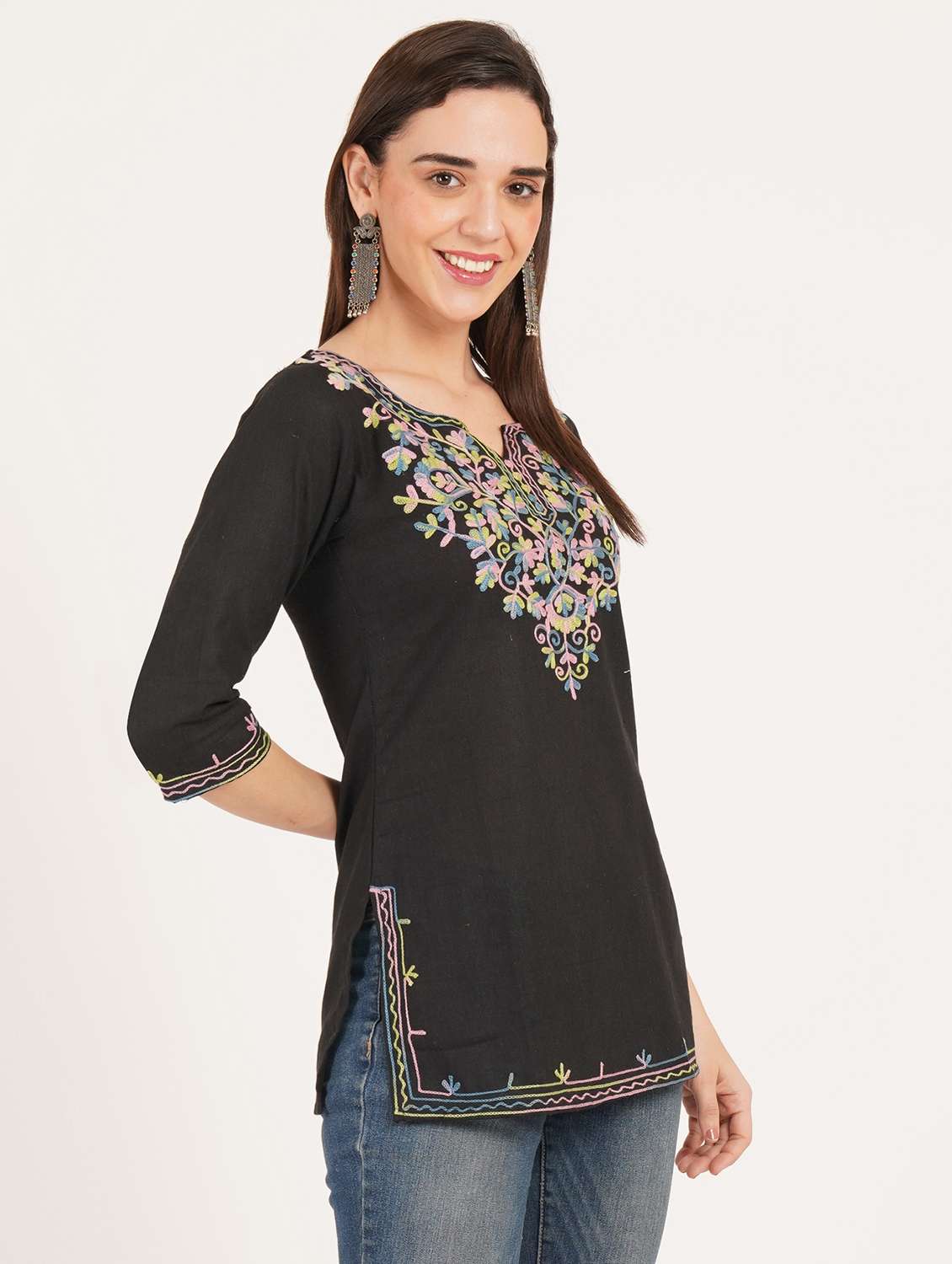 women embroidered three quarter sleeve straight kurti - 22460533 -  Standard Image - 2