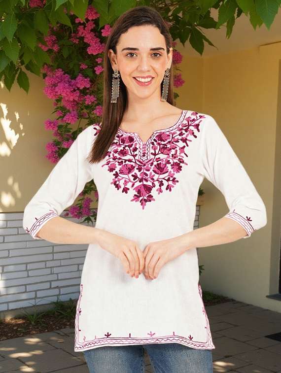 women embroidered three quarter sleeve straight kurti