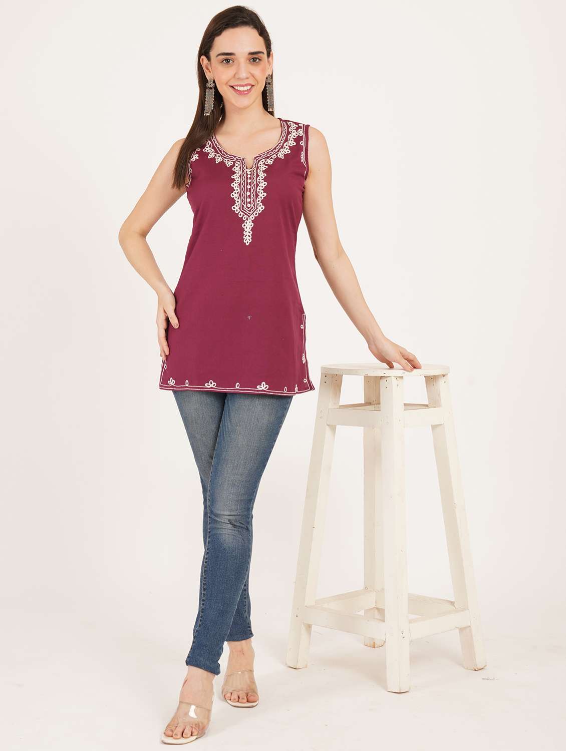 women embroidered sleeveless straight kurti - 22460539 -  Standard Image - 2