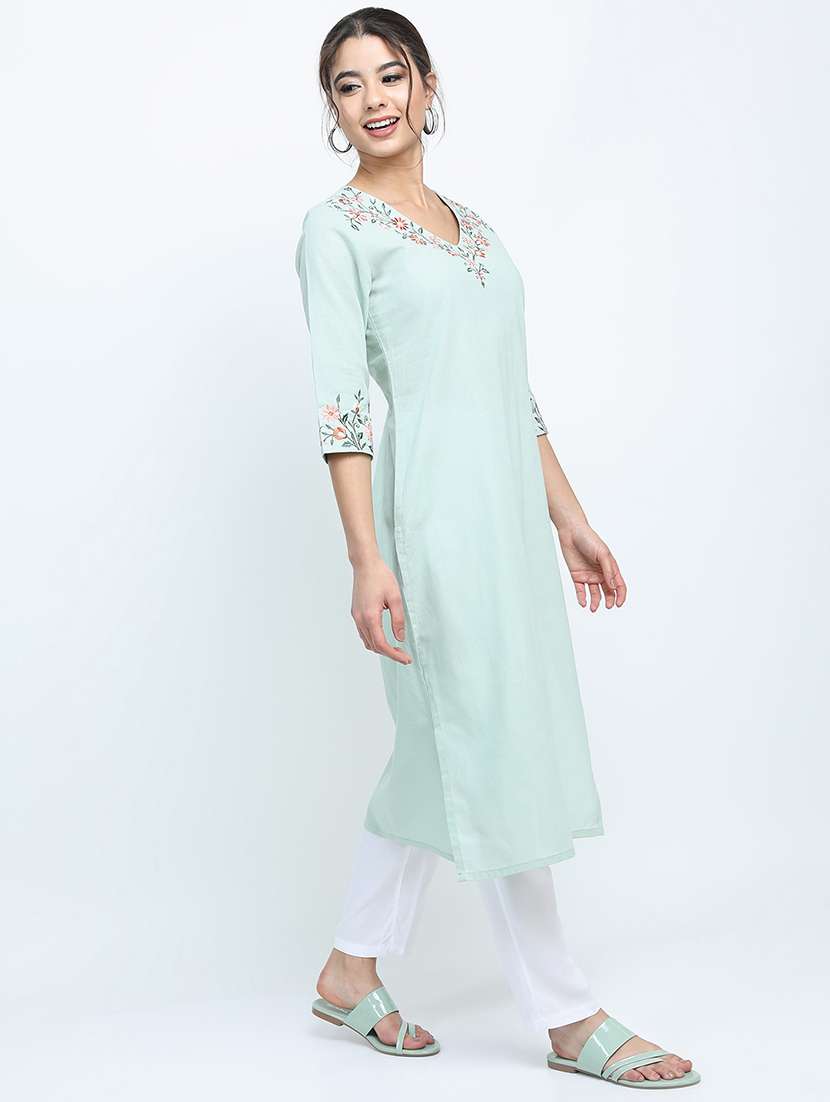 women solid with work three quarter sleeve straight kurta - 22462166 -  Standard Image - 2