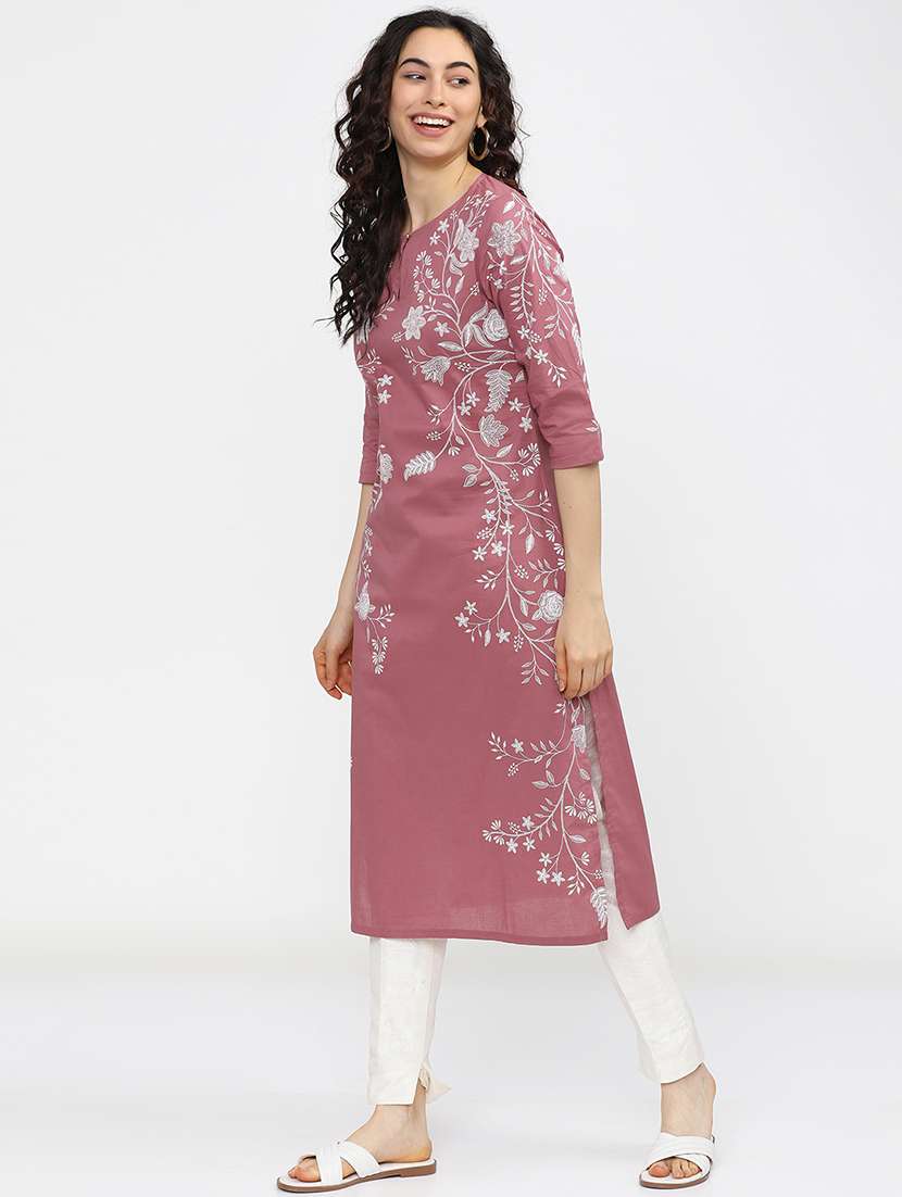 women solid with work three quarter sleeve straight kurta - 22462168 -  Standard Image - 2