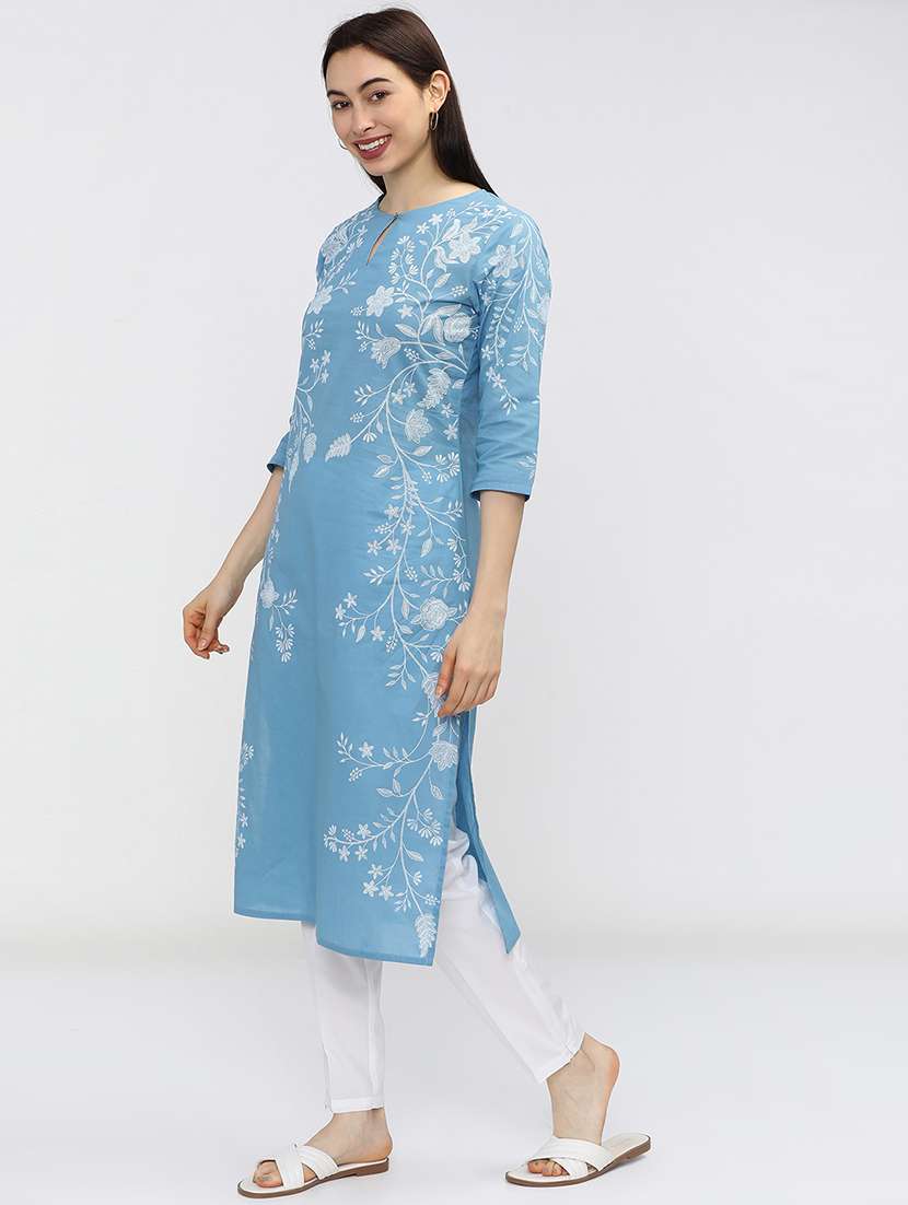 women solid with work three quarter sleeve straight kurta - 22462169 -  Standard Image - 2