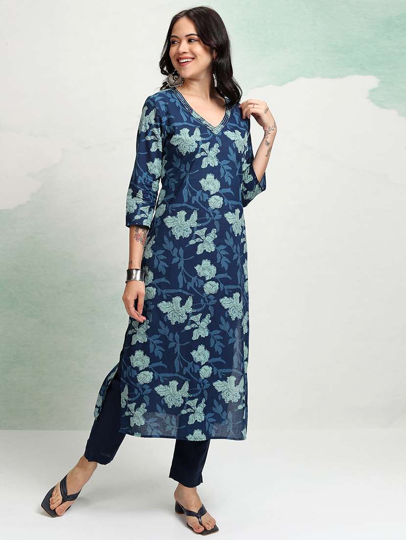 women floral three quarter sleeve straight kurta - 22462170 -  Standard Image - 2