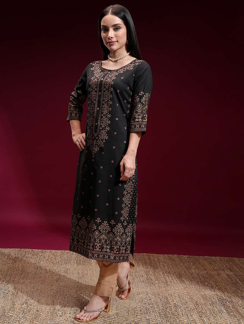 women printed three quarter sleeve straight kurta - 22462171 -  Standard Image - 2