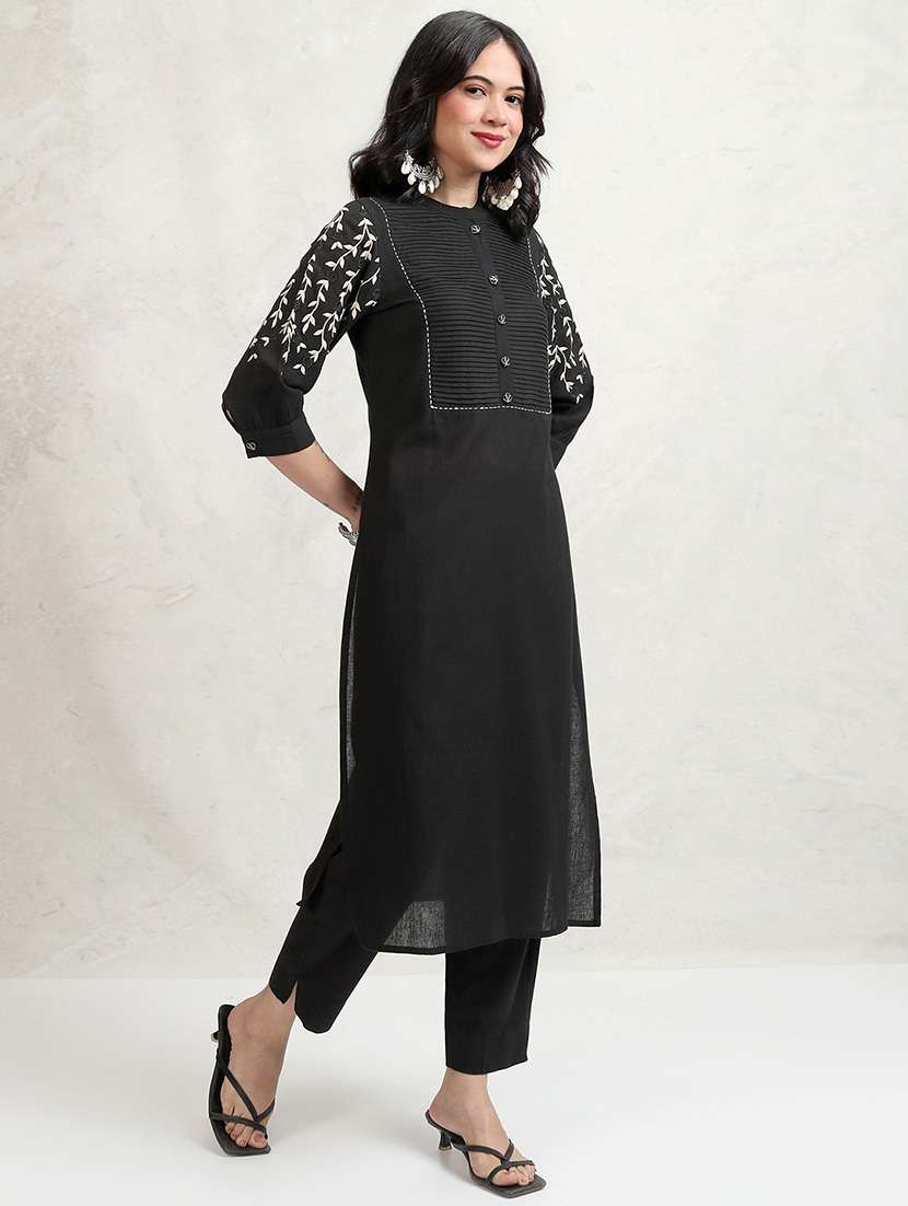 women solid with work three quarter sleeve kurta pant set - 22462181 -  Standard Image - 2