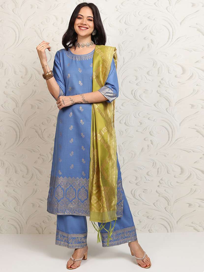 women foil printed three quarter sleeve kurta palazzo with dupatta set - 22462182 -  Standard Image - 2